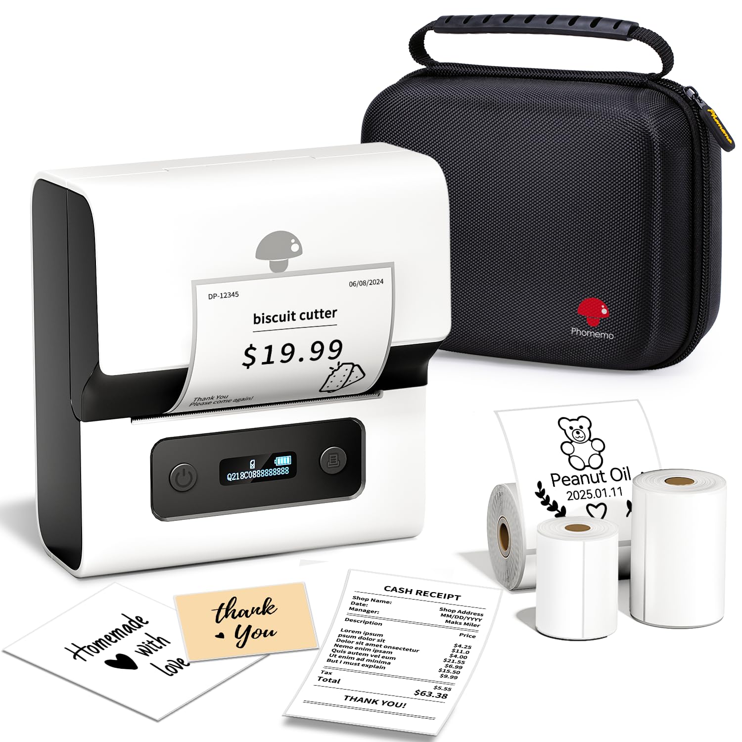 Phomemo M221 Imprimante d'étiquettes Thermique Bluetooth Portable Blanc avec 3 Rouleaux d'étiquettes et Sac