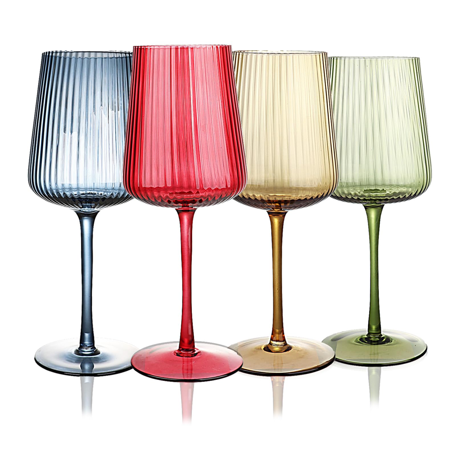 WeirdUncle Hand Blown Ribbed Wine Glasses with stem, Lead-Free Crystal Glasses, Luxury Gift, Set of 4, Unique, 18oz Premium Wine Goblet, Large capacity, Fluted Design (Winter Colored)