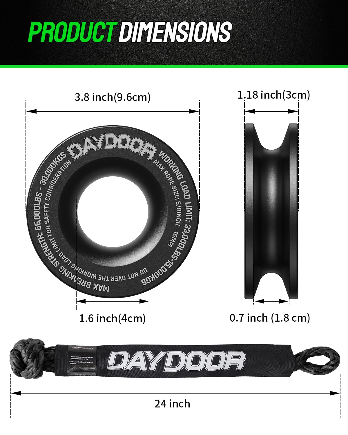 DAYDOOR 68,300 LBS Soft Shackle Recovery Kit, 3/4" x 24" (2-Pack) with 7075 Aluminum Snatch Ring, Winch Accessory for Ford F250/F350, Ram 2500/3500, Heavy Tractor & Full-Size Trucks(Gray)