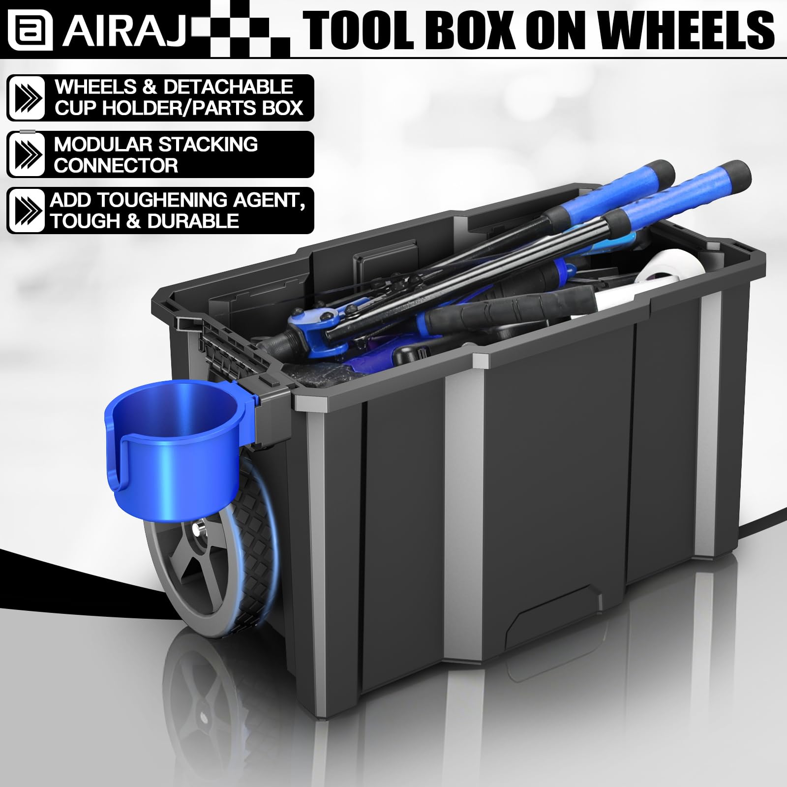 Caja Herramientas con Ruedas,Caja de Herramientas Portátil y Apilable de 3 Niveles,Caja de Herramientas Vacia Tipo Bandeja,Con Portavasos Desmontable,50 cm W x 31 cm D x 67 cm H