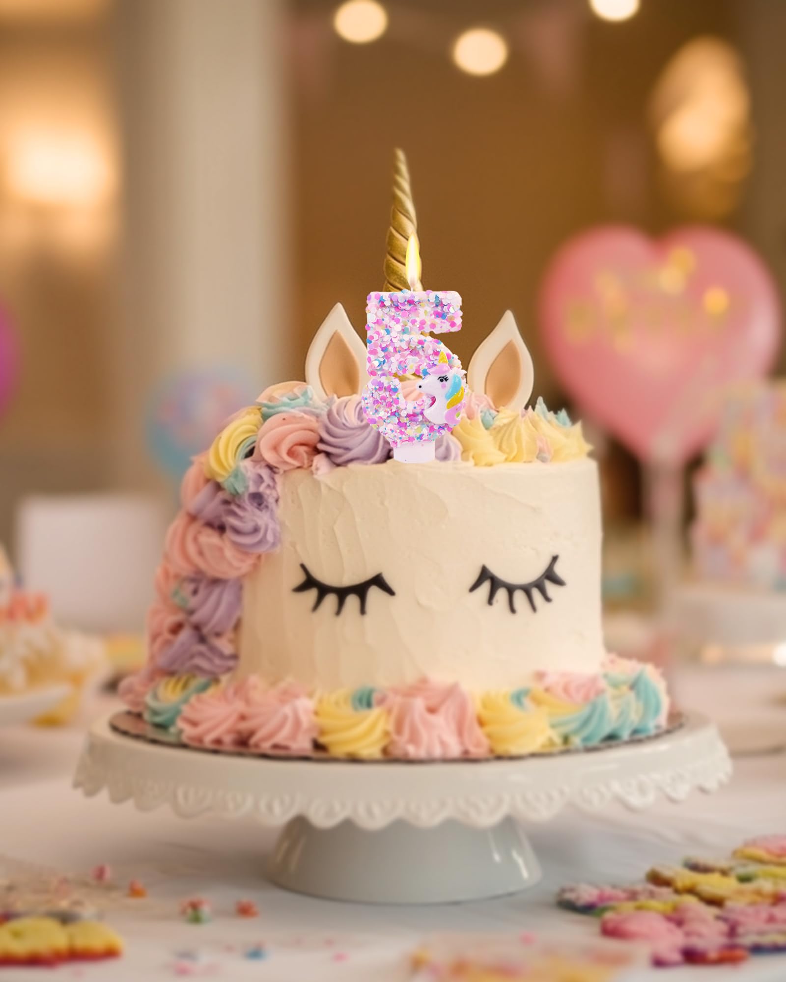Bougies d'anniversaire sur le thème de la licorne, numéro 5 de dessin animé, décorations d'anniversaire pour fille, décorations de gâteau de 7,3 cm (thème licorne, numéro 5)