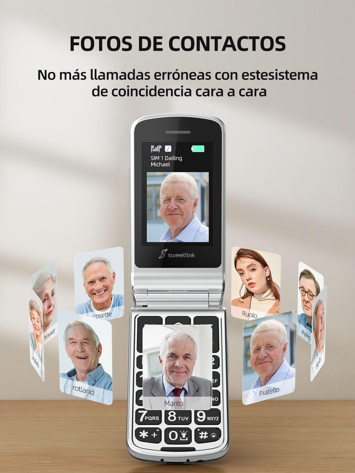SweetLink F1 Teléfono Móvil para Personas Mayores con Tapa, Teclas Grandes y Volumen Alto, Botón SOS, Bateria 1000mAh, Doble SIM, Pantalla 2,4", Incompatible con lowi/Movistar/Digi/Vodafone