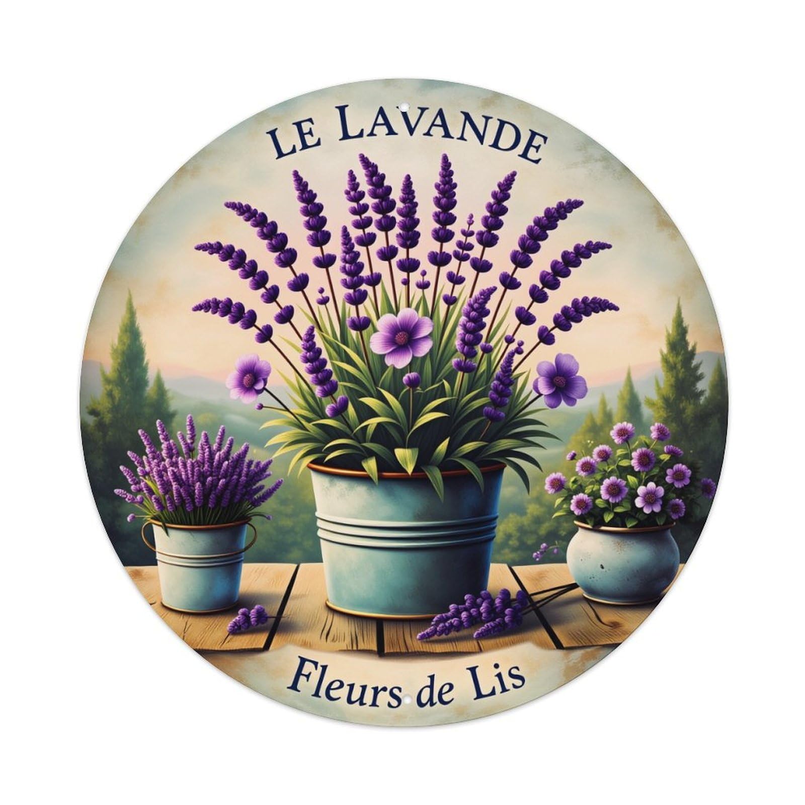 Wmlzdnwr Vintage Lavender Flowers In Pots With Mountain Background Round Tin Sign,Retro Wall Art,Metal Poster For Home, Bar, Garage, Cafe, Rustic Indoor & Outdoor Decor, 8X8 Inches