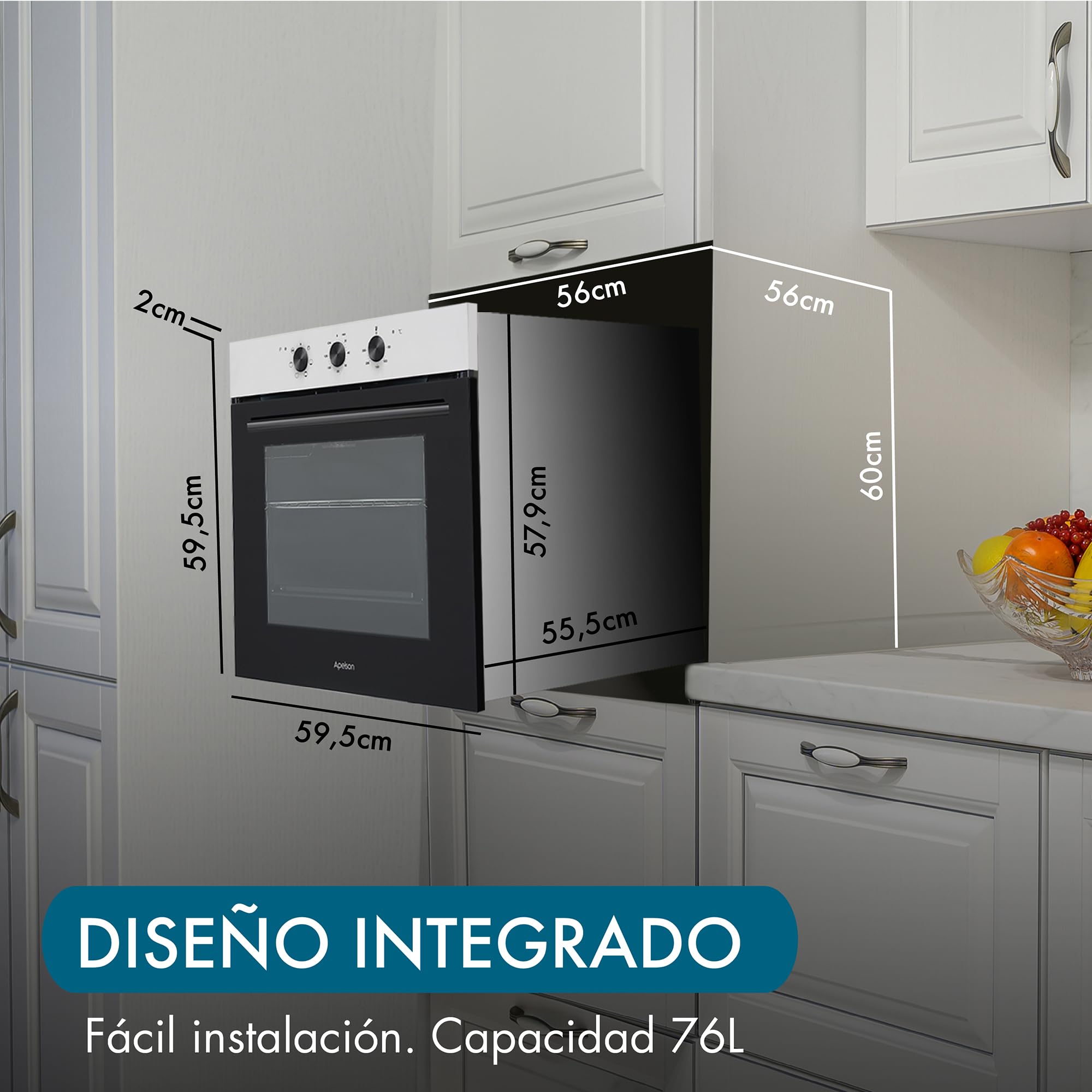 Apelson Horno Estático Multifunción AMS 5001 76L, 6 Funciones de Cocción, Puerta Fría Triple Cristal, Programador Mecánico con Paro Automático, Clase A, Acabado Inox y Cristal Negro,