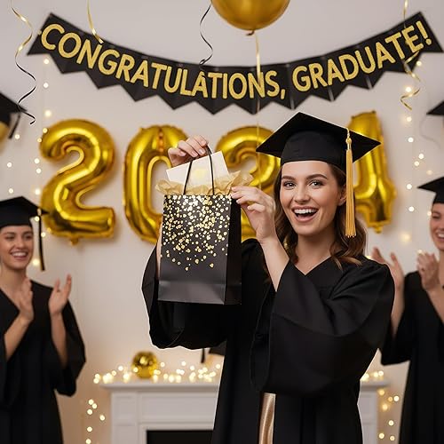 Miniatura 6 de Nicunom Paquete de 60 bolsas de regalo de papel, 8.3 x 5.9 x 3.1 pulgadas, bolsas de regalo de oro negro, bolsa de compras, bolsa de papel kraft a