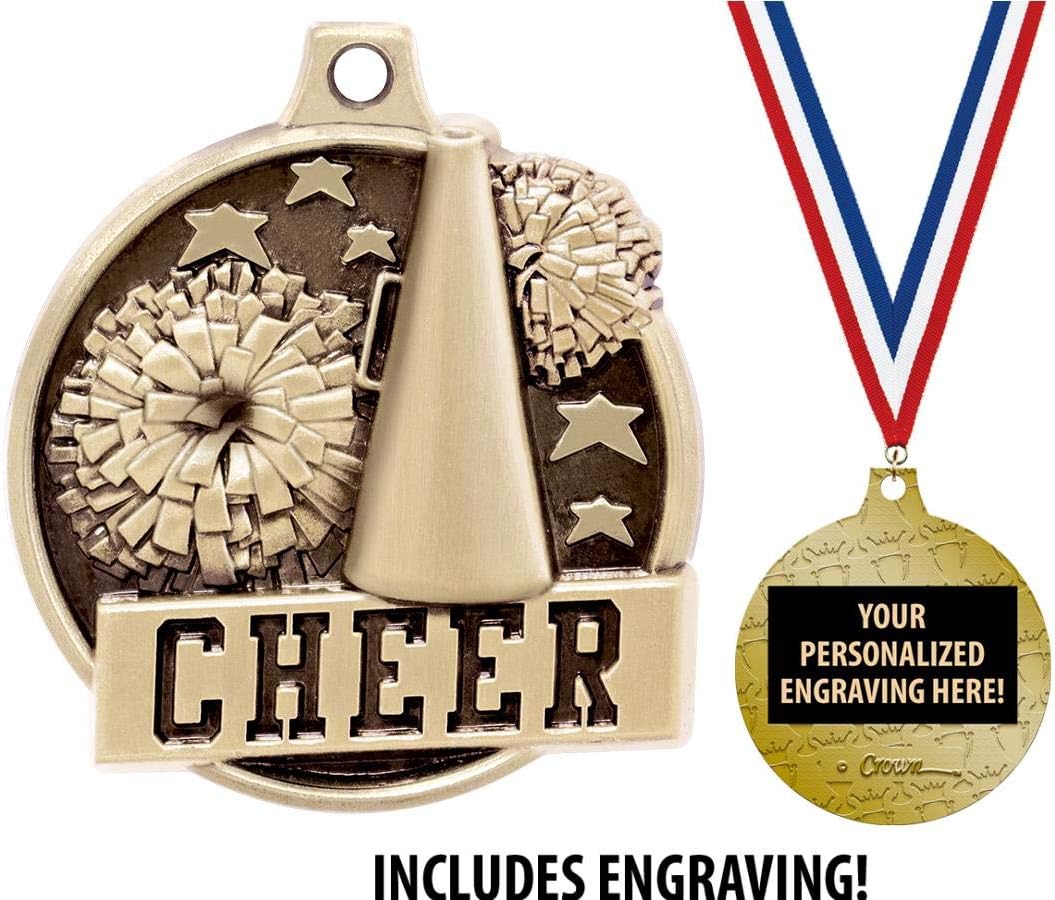 Cheerleading Medals - 1 1/2" Gold Cheer Medals, Great Kids Cheerleading Awards with Custom Engraving