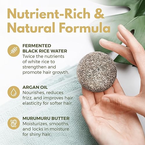 Miniatura 2 de Champú de agua de arroz negro, agua de arroz fermentada, aceite de argán y mantequilla de murumuru para el crecimiento del cabello, humedad y