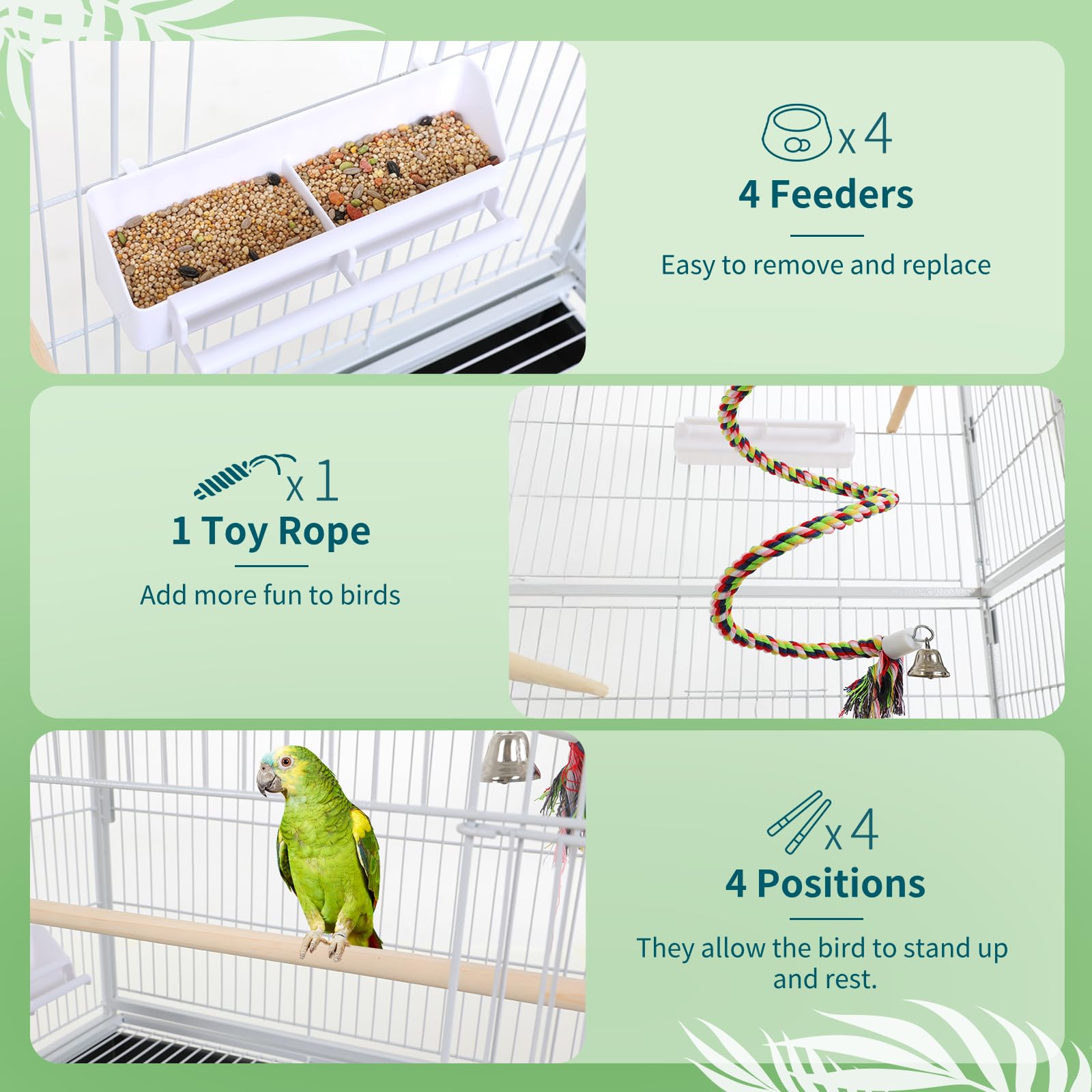 LIFERUN Vogelkäfig groß, Vogelkäfig aus Metall, Vogelbauer mit 4PCS Rollen, Wellensittich käfig mit Futternapf, Käfigspielzeug, Spring-Schaukel für Vogel mit 2 Türen 4 Holzstangen, 132 x 78 x 52 cm