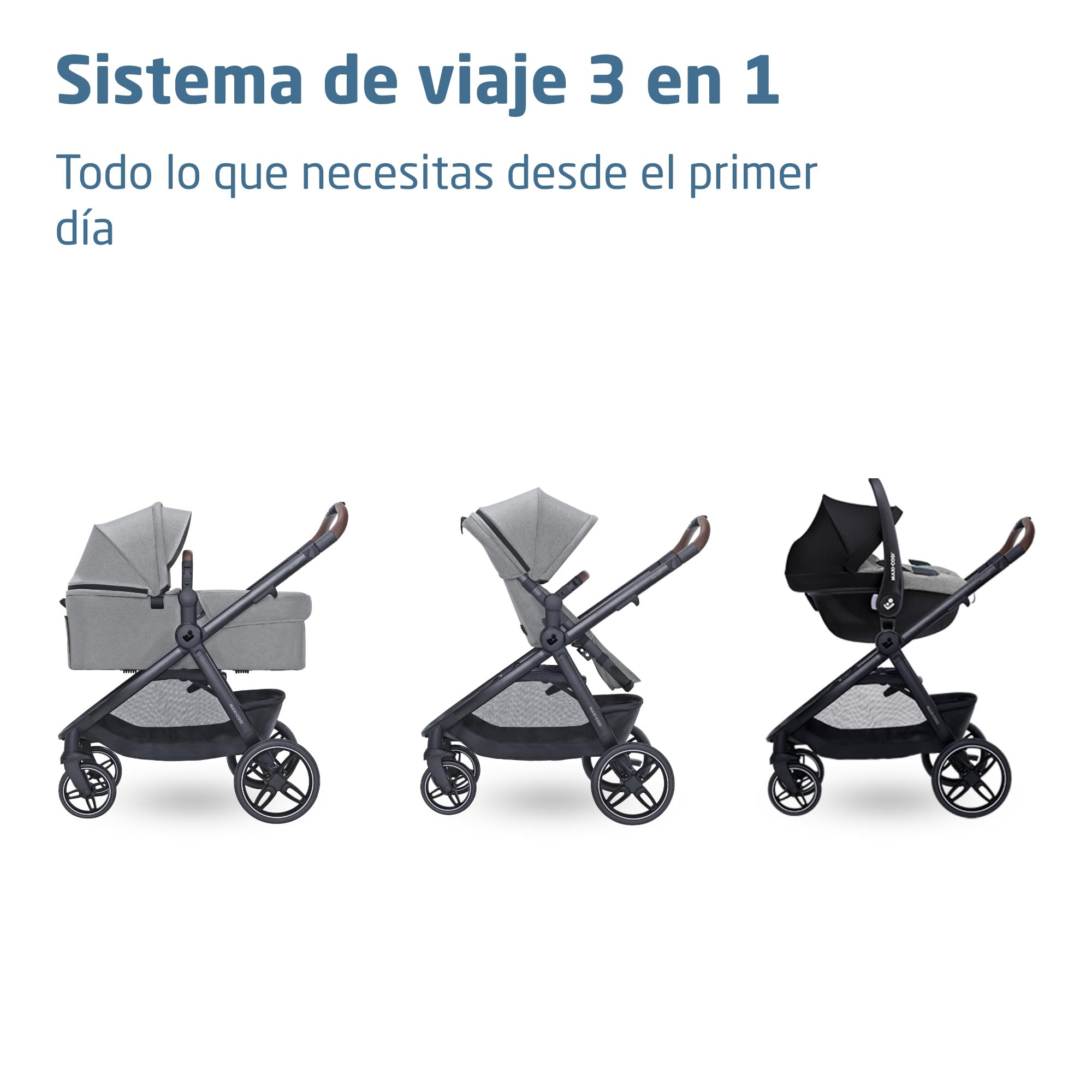 Maxi Cosi Zelia Select+,Cochecito Bebé 3 en 1 con Silla de Coche y Capazo Reversible, 0-4 Años (0-22 kg), Sistema de Viaje con Cochecito Plegado con una Mano, Silla Coche Bebé CabrioFix S i-Size, Gris