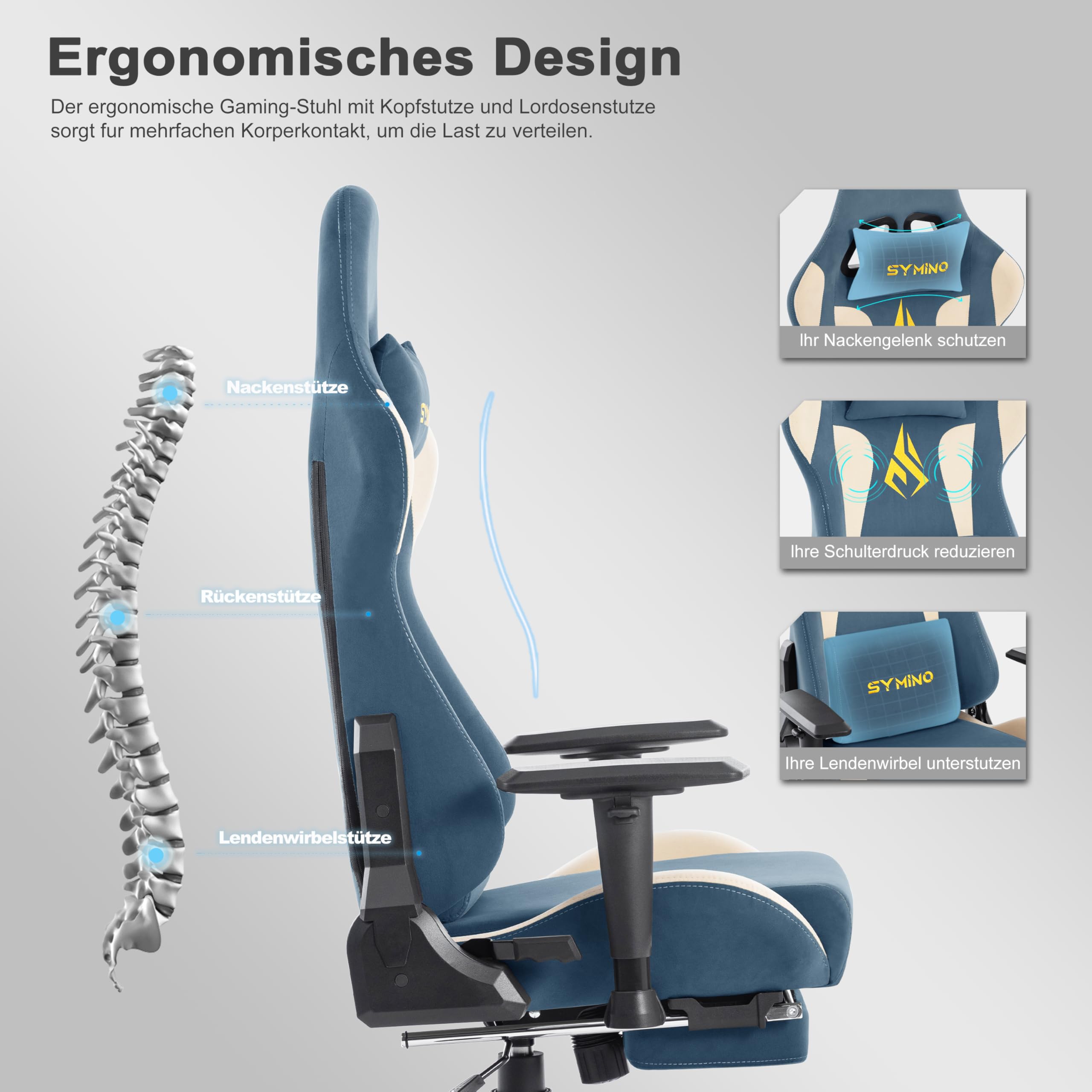 Symino Gaming Stuhl, Luxuriöser Wildlederimitat Gaming Chair, Ergonomischer Bürostuhl Schreibtischstuhl mit Fußstütze Kopfstütze und Lendenkissen, 90-167° Rückenlehne, Blau-Beige