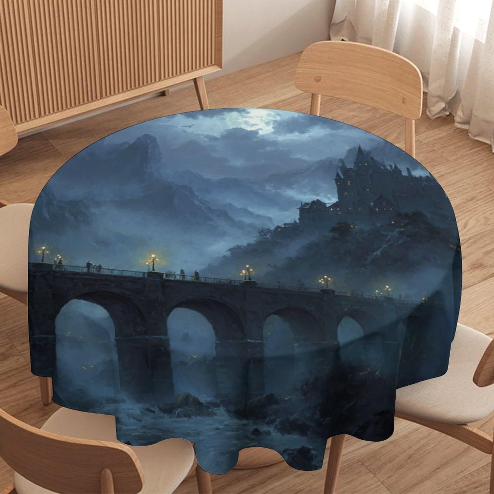 LUYYSKY Classic Mid Century Castle Round Tablecloth Realistic Watercolor Halloween Full Moon Gothic Castle Washable Decor for Table Cover for Kitchen-127 Wx127 L cm