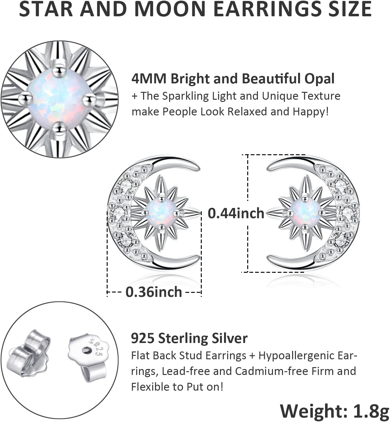 Moon and Star Earrings 925 Sterling Silver Opal Stud Earrings for Women - Hypoallergenic Sun and Crescent Moon Jewelry Gift for Sensitive Ears - Image 2