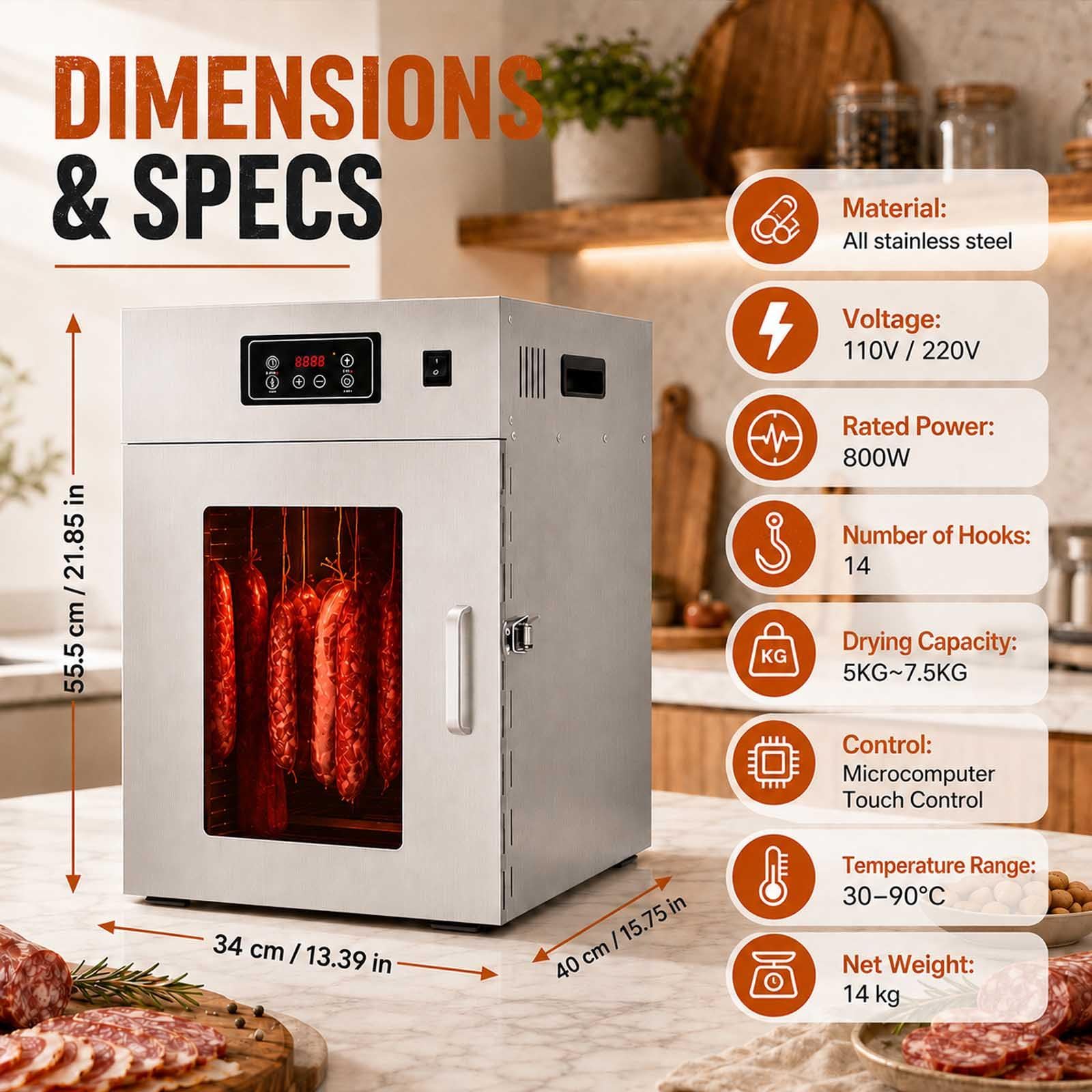 Dry Ager Reifeschrank Für Fleisch Und Wurst, Edelstahl Trockenschrank Für Fleisch Mit Led-Display, 360° Rotation, 0-24h Timer, 14/30 Haken, Biltong Box Für Wurst,Speck, Fisch Und Rindfleisch 7.5KG