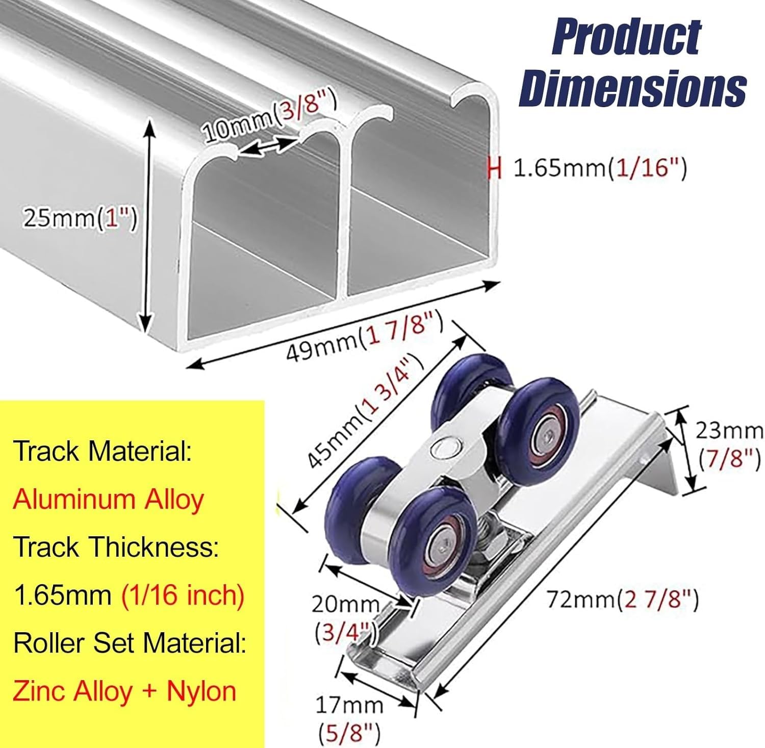 Zestaw akcesoriów do drzwi przesuwnych Premium montowany na górze do paneli drewnianych o grubości 1,9 cm - 2,3 cm, aluminiowy mini podwójny tor z prowadnicą zapobiegającą kołysaniu (srebrny 1,2 m