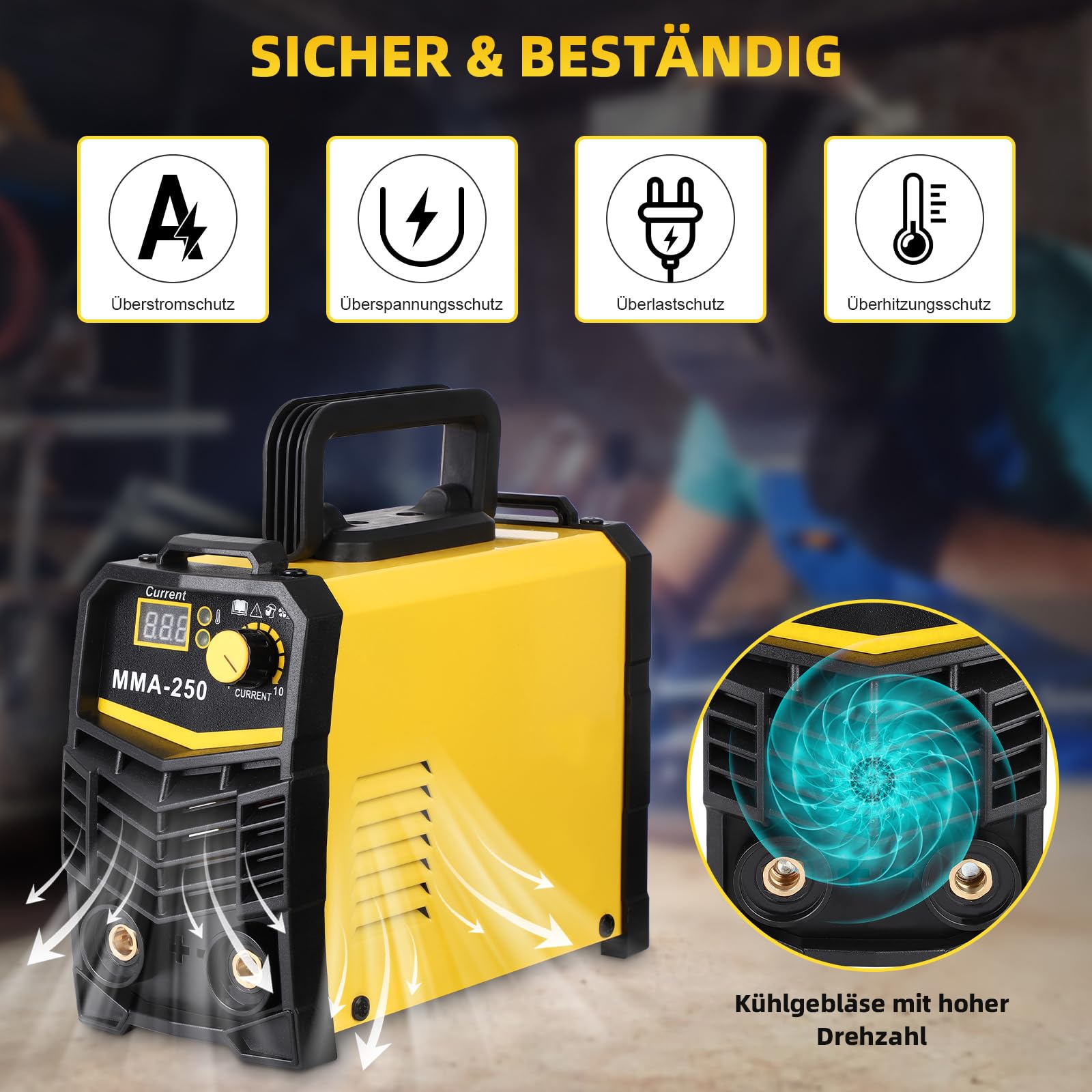 MMA Elektrodenschweißgerät 250A,IGBT Inverter E-Hand Schweißgerät,Mini Elektroden Schweißgerät, einstellbare Leistung,eingebaute Belüftung,Arc Force und Anti-Stick-Funktionen mit Arbeitsklemme