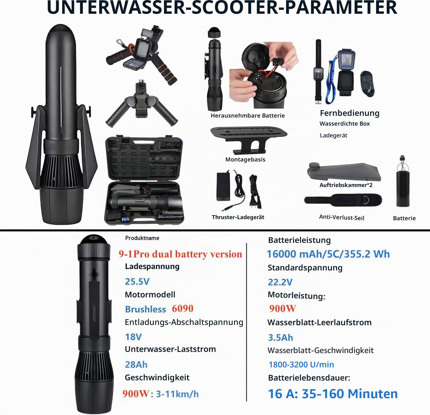 900W Unterwasser-Scooter - Dual 16AH Abnehmbare Batterien, High-Speed Elektrische Flosse für SUP, Kajak, Paddle Board, Schnorcheln & Tauchen, IPX8 Wasserdicht