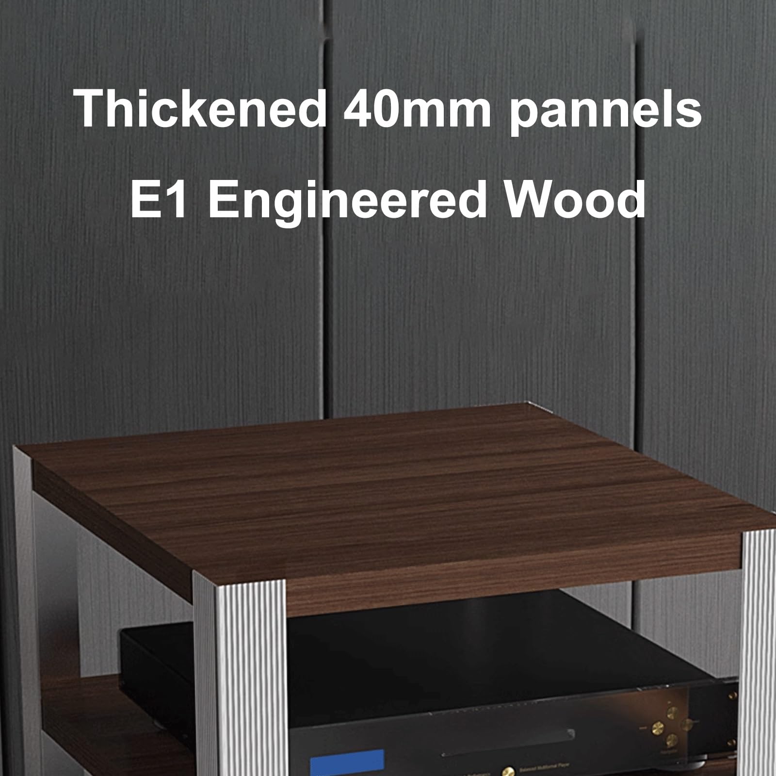 Moderno supporto AV in lega di alluminio a torre con mensola a 4 strati, design ammortizzante in marrone e argento, perfetto per home theater e apparecchiature audio
