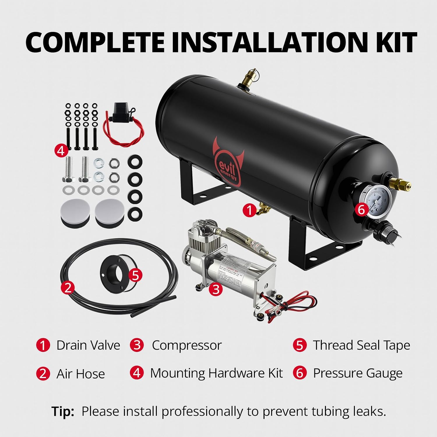 EVIL ENERGY 1.5 Gallon Air Compressor and Tank Kit 6 Ports 1/4" NPT 150 PSI Rated 12V Air Tank Compressor for Truck, Air Horn, Inflating Tires, Suspension Systems, Train Horn, DIY Pneumatic Tools
