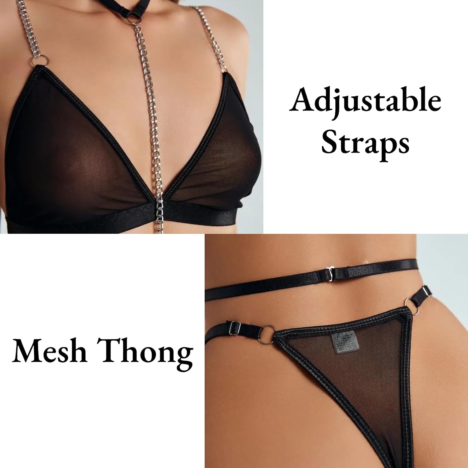 BIGFOX Sheer Mesh Lingerie Sets 3 Piece Bra and Thong Set With Metal Chain