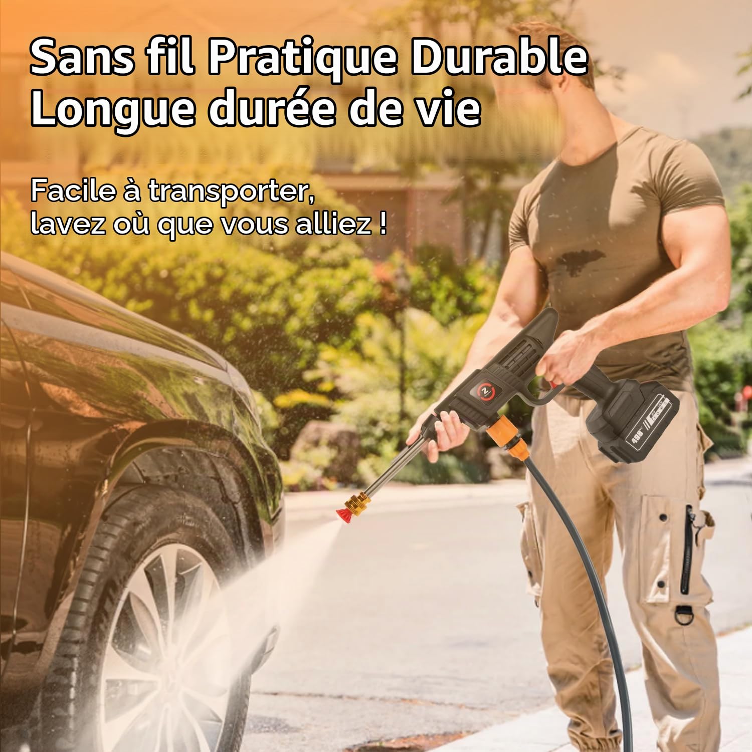 Nettoyeur Haute Pression sans Fil, 21V Max 50Bar Nettoyeur Haute Pression sur Batterie, Press & Clean avec Batteries, Pot à Mousse, Tuyau de 5 Mètres, pour Voiture, Gazon (avec 2 Batteries 6000mAh)