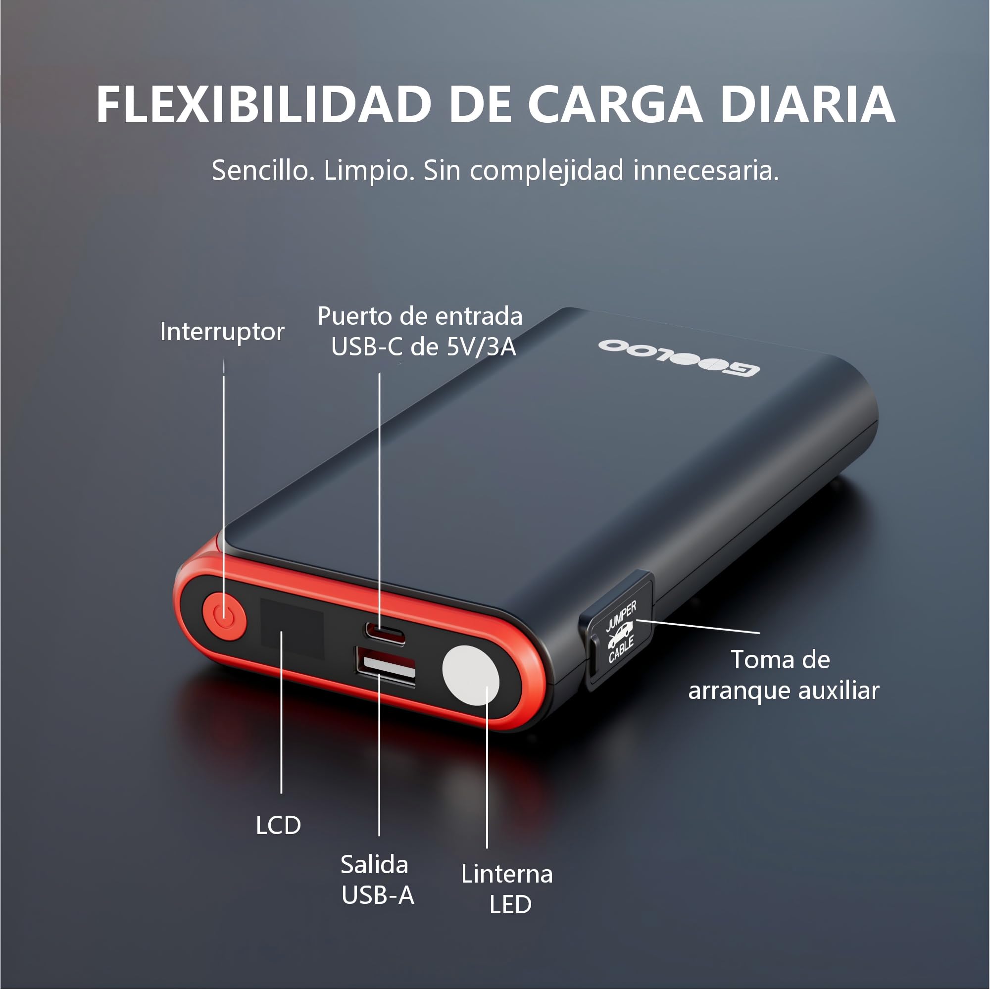 GOOLOO GE2000 - Arrancador de salto de 2000 A (hasta 8 L de gas/6 L diésel) con carga rápida USB-A, luz de emergencia LED y abrazaderas de metal inteligentes, paquete de refuerzo de batería portátil