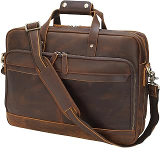 MasaKawa Men's Crazy Horse Leather Briefcase - Fits 17.3" Laptop, Shoulder Messenger Bag for Business Travel & Work