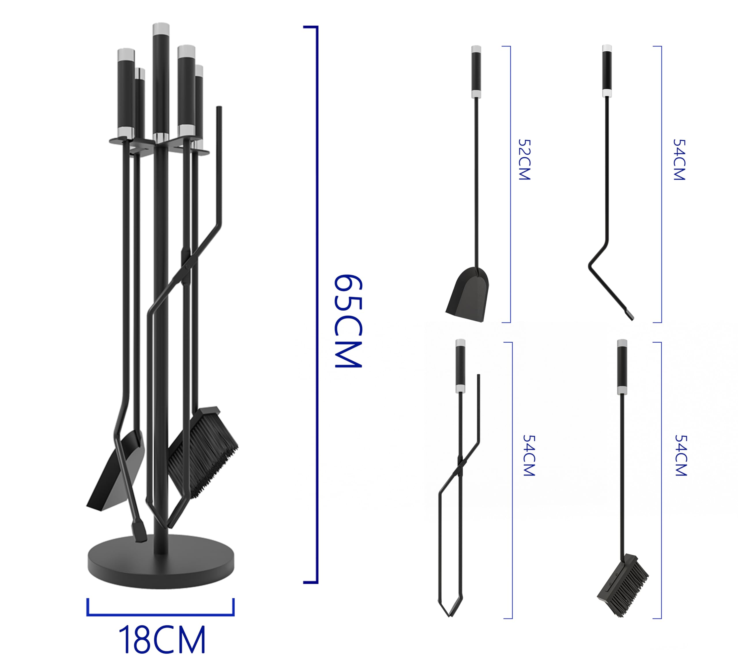 Kingson Set di 5 accessori per caminetto – Ferro rivestito in polvere nero con manici in acciaio inossidabile – Include spazzola, paletta, attizzatoio, pinze e supporto pesante – Set di strumenti per