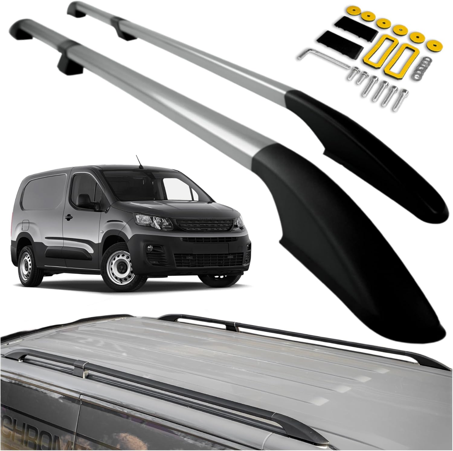 CHROMEMASTER Compatible with Peugeot Partner Long 2018+ Roof Rails