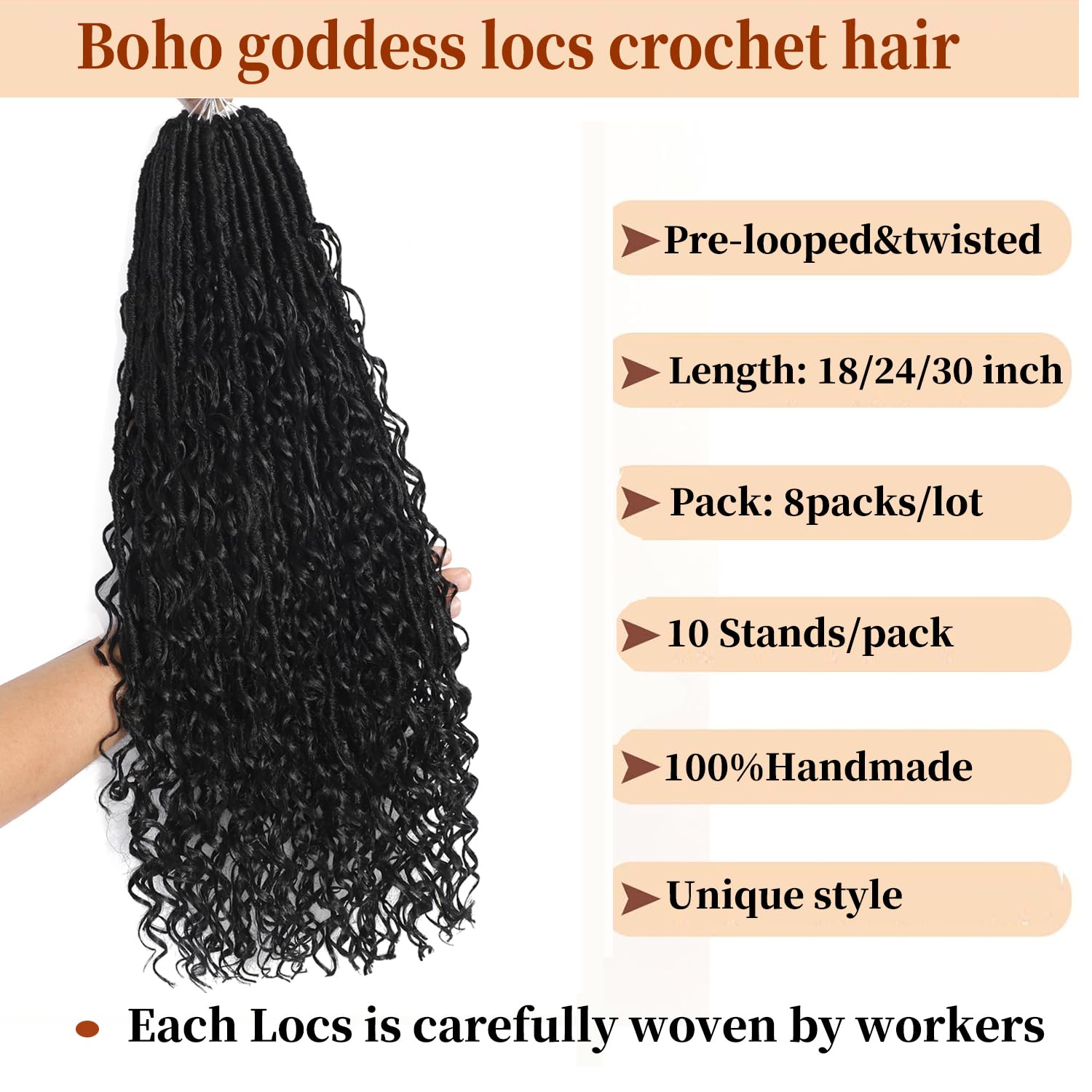 FALEMEI Boho Locs Crochet Hair 24 Inch Goddess Braids Crochet Hair for Black Women 8 Packs Boho Faux Locs With Curly Ends Pre Looped Bohemian(1B# - Image 2