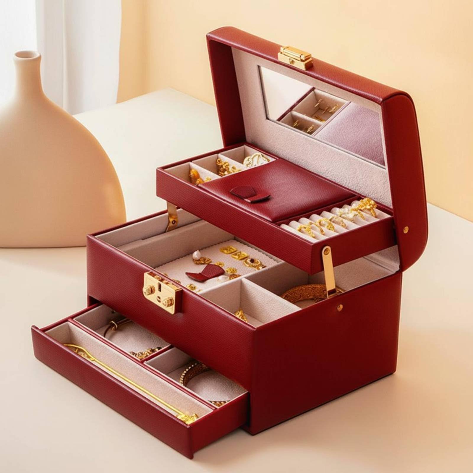 Schmuckkoffer Schmuckkästchen Schmuckbox Schmuckschatulle mit Herzschloss aus PU Und Weichem Samtfutter Mehrstöckig mit Fächern Ringen Und Ketten