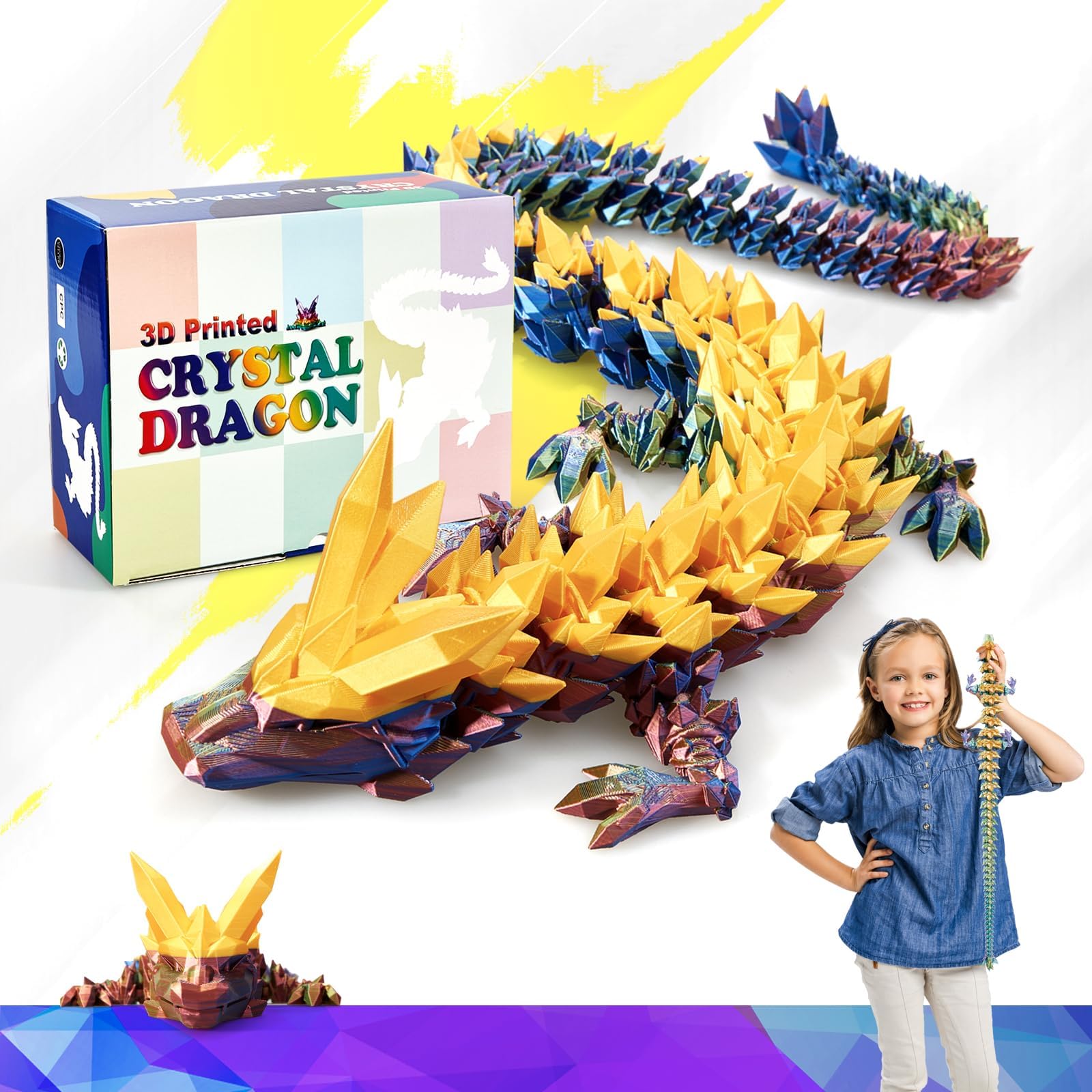 24 Inch Large 3D Printed Crystal Dragon Toy,Dragon Figurine Large Toy for Kids(Magic Gold)