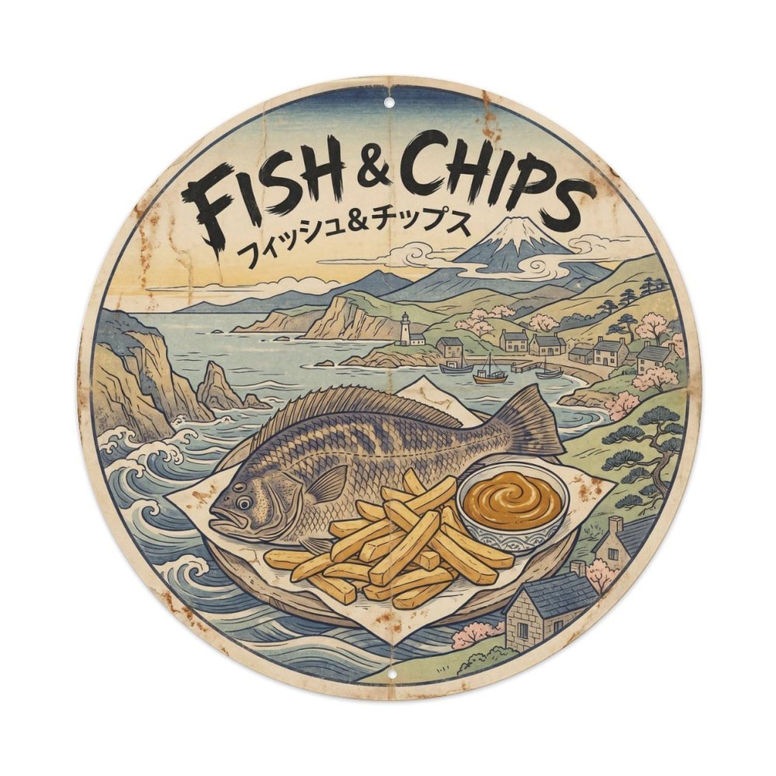 Fish And Chips Seafood Wales Fry Shop Classic Woodblock Metal Tin Sign