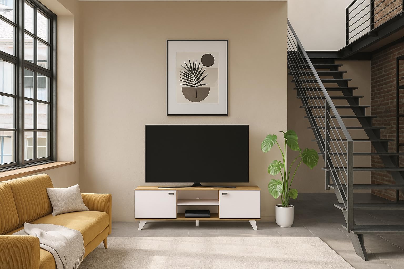 MOMMA HOME Mueble TV, Mueble de Salón Moderno, Mesa de televisión 2 Puertas y Baldas centrales, Acabado en Roble y Blanco, Patas de Madera, QUIATUR, 140 cm L x 51 cm A x 40 cm F.