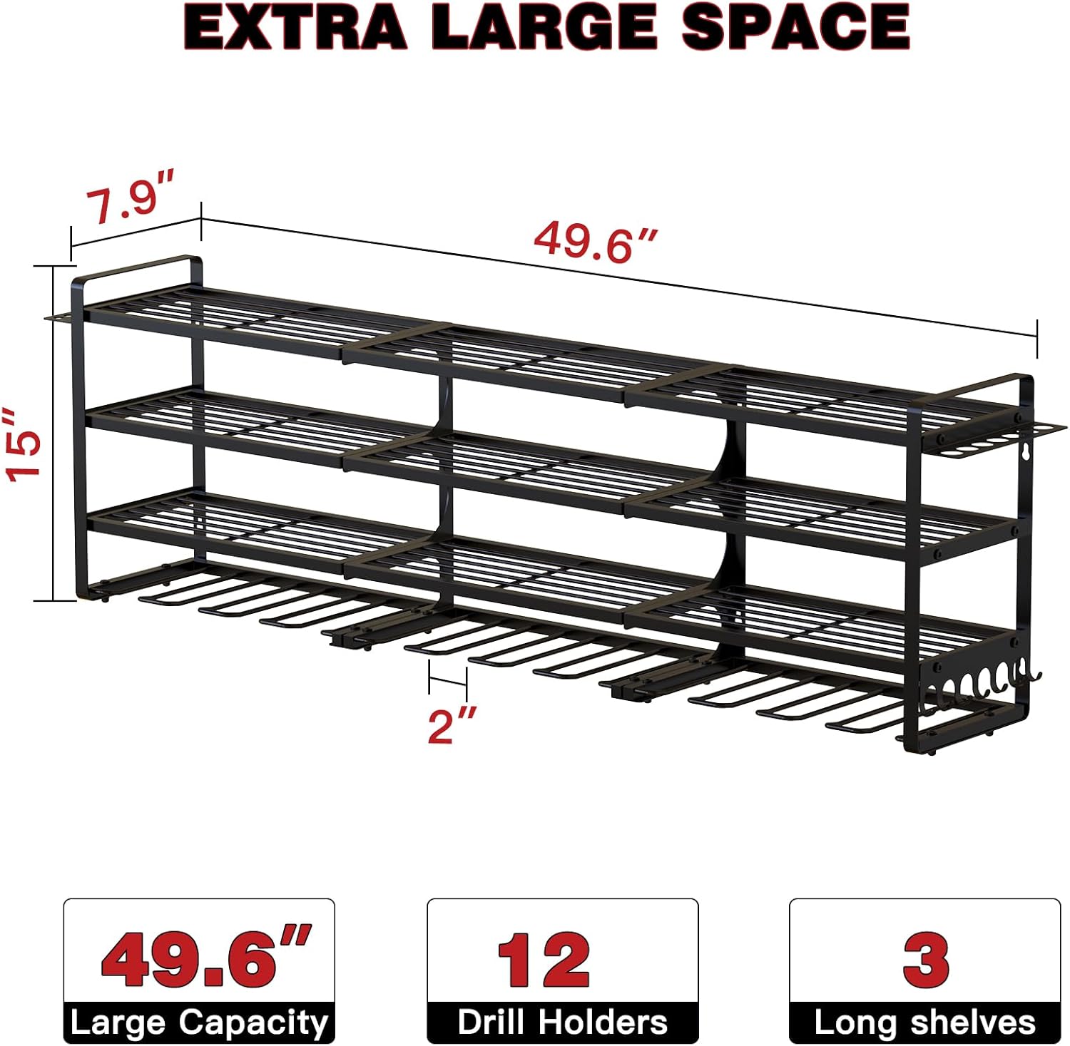 48" Large Power Tools Organizer Wall Mount,12 Drill Holder for Garage, Workshop Heavy Duty Storage Rack