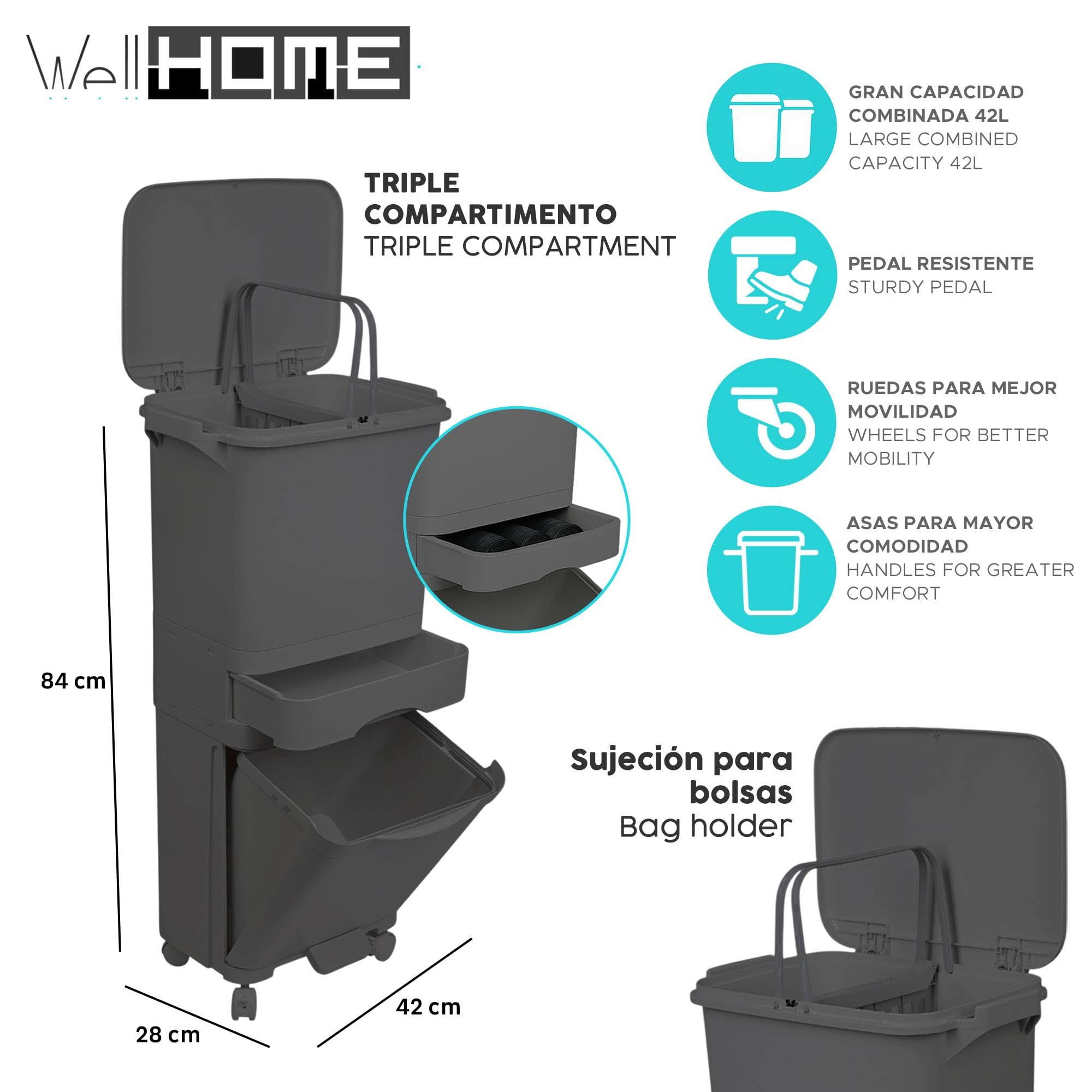 Papelera de reciclaje de clasificación selectiva con pedal, ruedas y asa de triple compartimento de 42L (24L + 4L + 14L) gris antracita