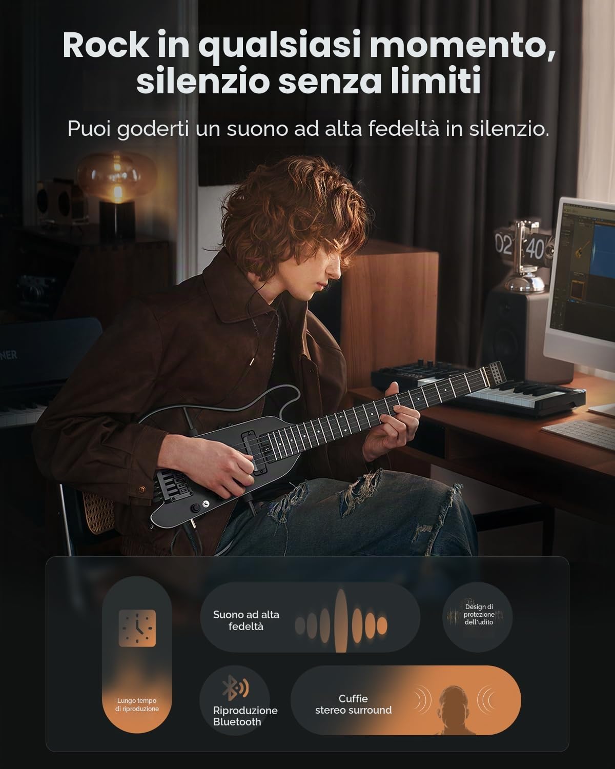 Donner HUSH X PRO Kit Chitarra Elettrica – Chitarra da viaggio intelligente con dozzine di combinazioni preimpostate, 7 opzioni di simulazione del tono, Nero