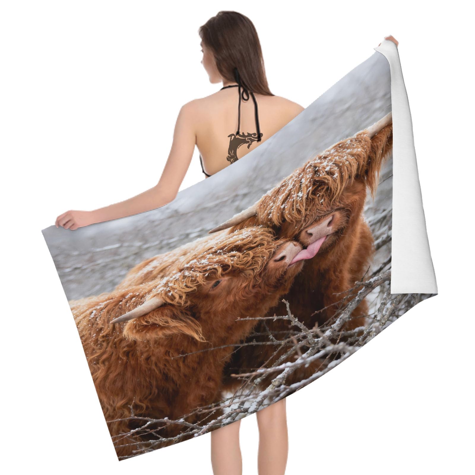 Leichong 3D Highland Cattle Beach Towel Large Microfiber Soft Quick Dry for Adults, Rural Style Bath Towel Lightweight Soft Absorbent for Travel Swimming Pool Sports, 80 x 160 cm