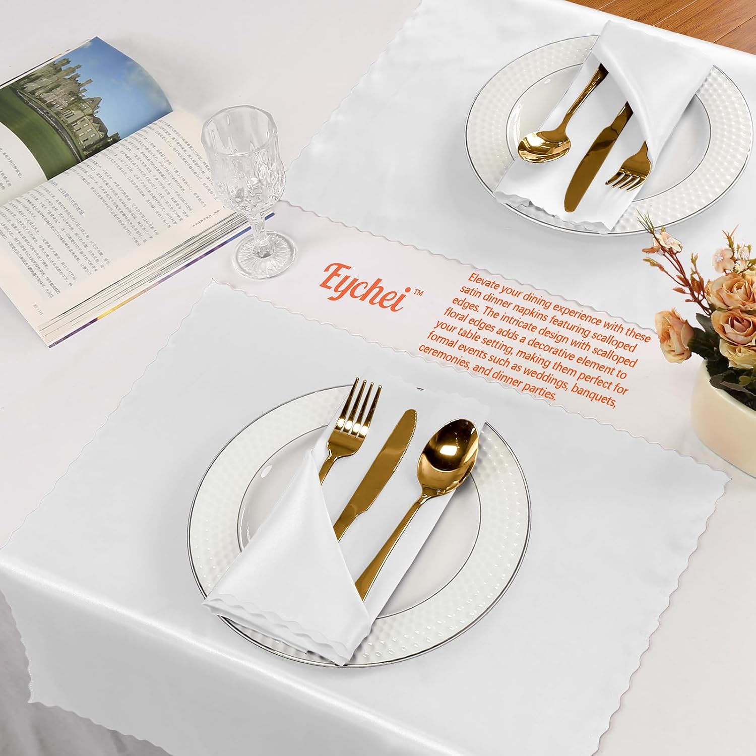 60 Pieces White Satin Napkins 20x20 Inches Satin Cloth Napkins, Square Satin Napkins with Scalloped Edges, Elegant & Silky Table Napkins for Restaurant Banquet Wedding