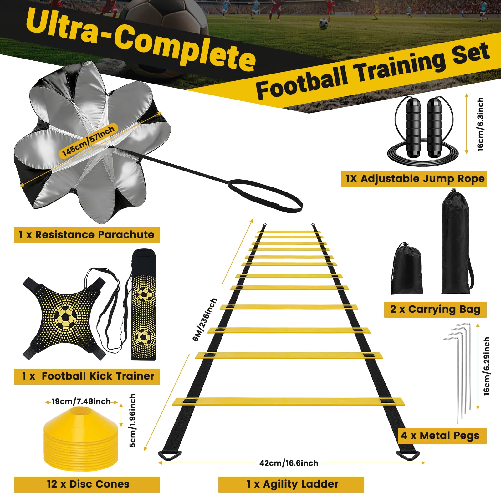 Kit Entrenamiento Futbol Juego Escalera de Agilidad 6 m 12 Peldaños con 12 Conos, 4 Estacas, Paracaídas en Marcha, Fútbol Kick Throw Trainer para Niños y Adulto para Entrenamiento - 2