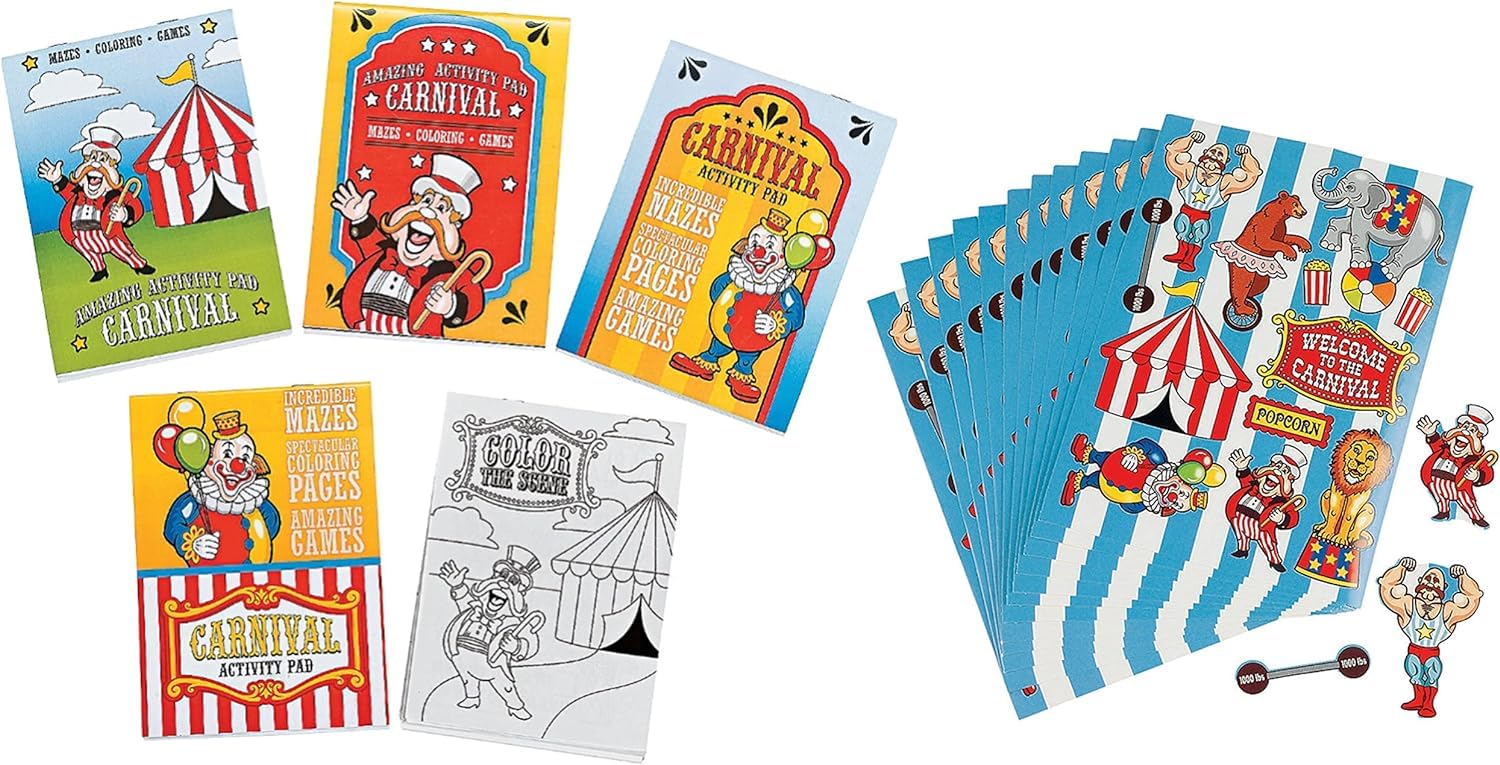 Nikki's Knick Knacks Carnival Coloring Activity Books and Stickers- Carnival Fair Circus Big Top Party - 24 Piece