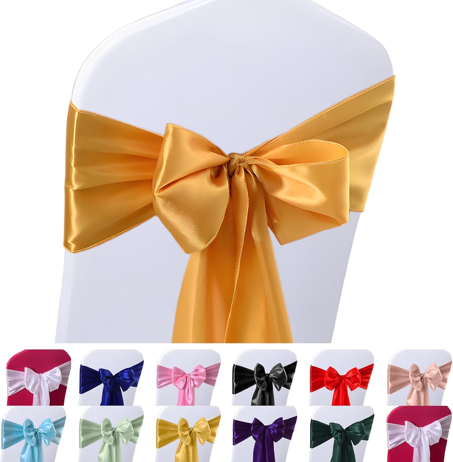 50 PCS Gold Satin Chair Sashes for Wedding Chair Bows Sashes Chair Ties Chair Cover Sashes for Folding Chairs for Thanksgiving Party Home Decorations（Gold 7 x 108 inch）