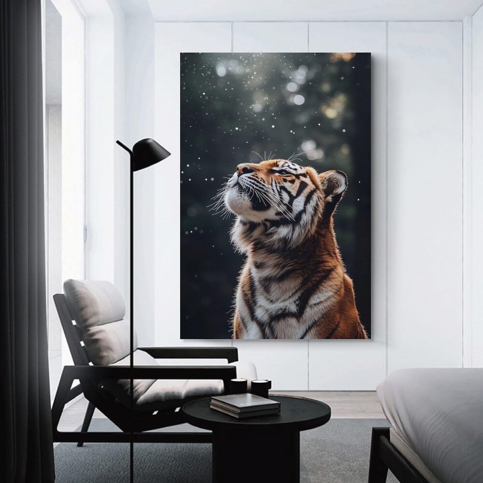Junmoney Tiger Gazing Upward with Bokeh Lights Canvas Art Print, 12x18inch(30x45cm), for Wall Displays, Bedrooms Or Room Updates, Home Wall Art for Statement Displays