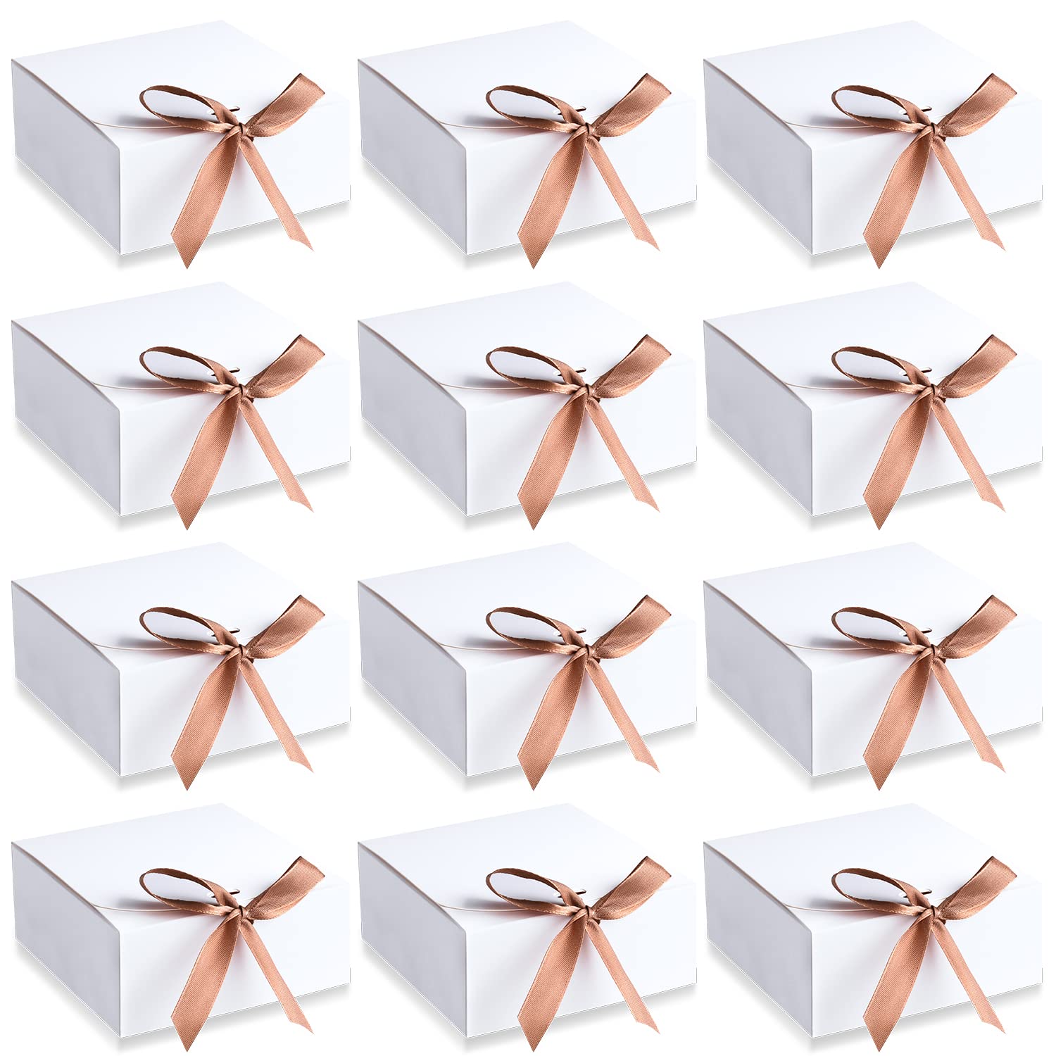 AIEX12 Pcs Gift Boxes with Lids, 4.5" x4.5"x2" Present Boxes Square Gift Box with Champagne Wrap Ribbons, Gift Wrap Boxes for Birthday Wedding Party Christmas Chocolate Candy (White)