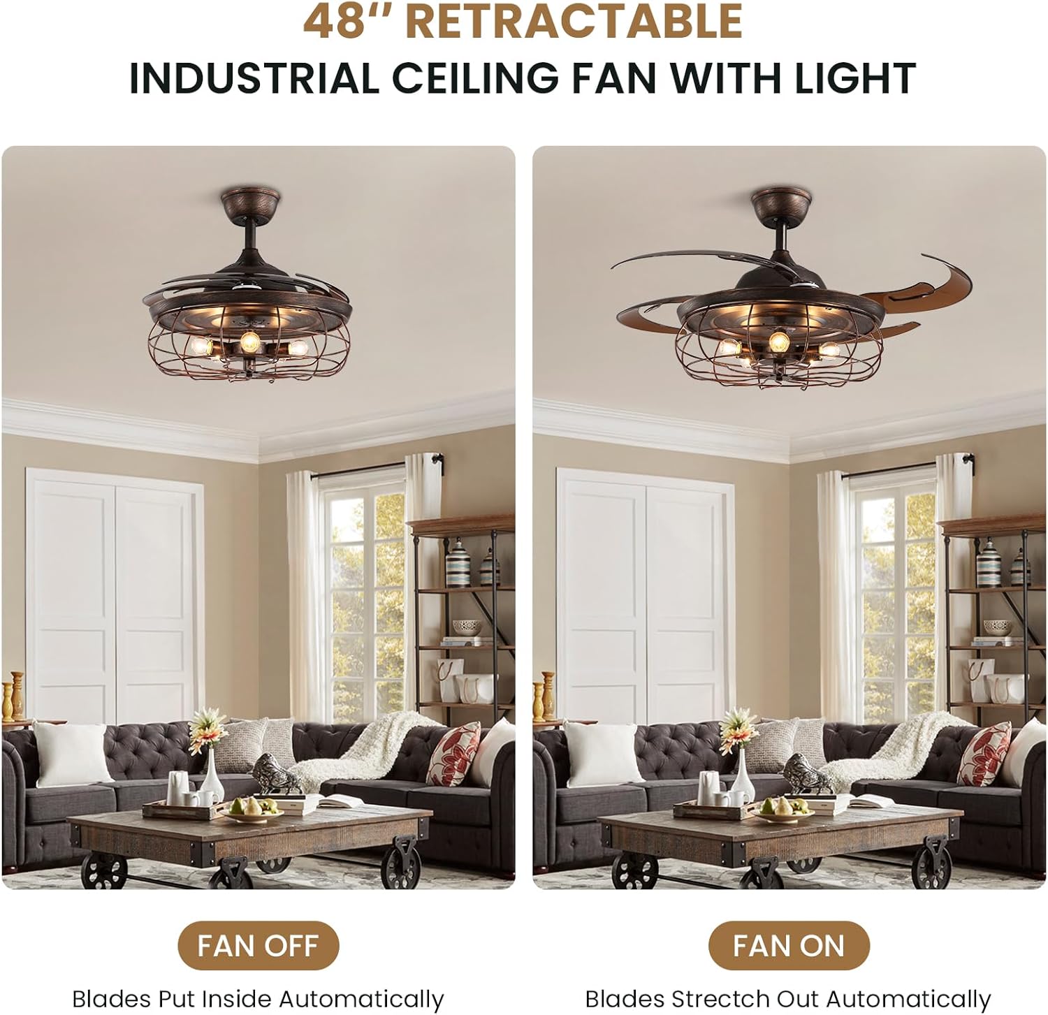 Siljoy Retractable Ceiling Fan with Light Industrial Rust Caged Ceiling Fan with Lights and Remote Farmhouse 6 Speeds Reversible Fandelier for Living Room Bedroom Patio 48 Inches, 5 Lights