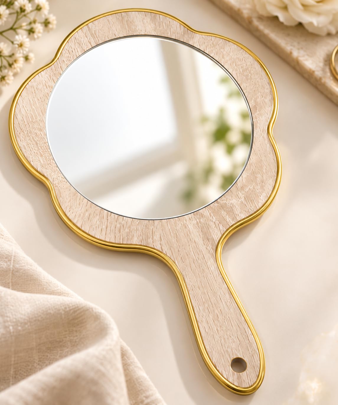 wooden handheld mirror – floral shaped portable makeup mirror with natural wood frame, lightweight & durable pack of 2