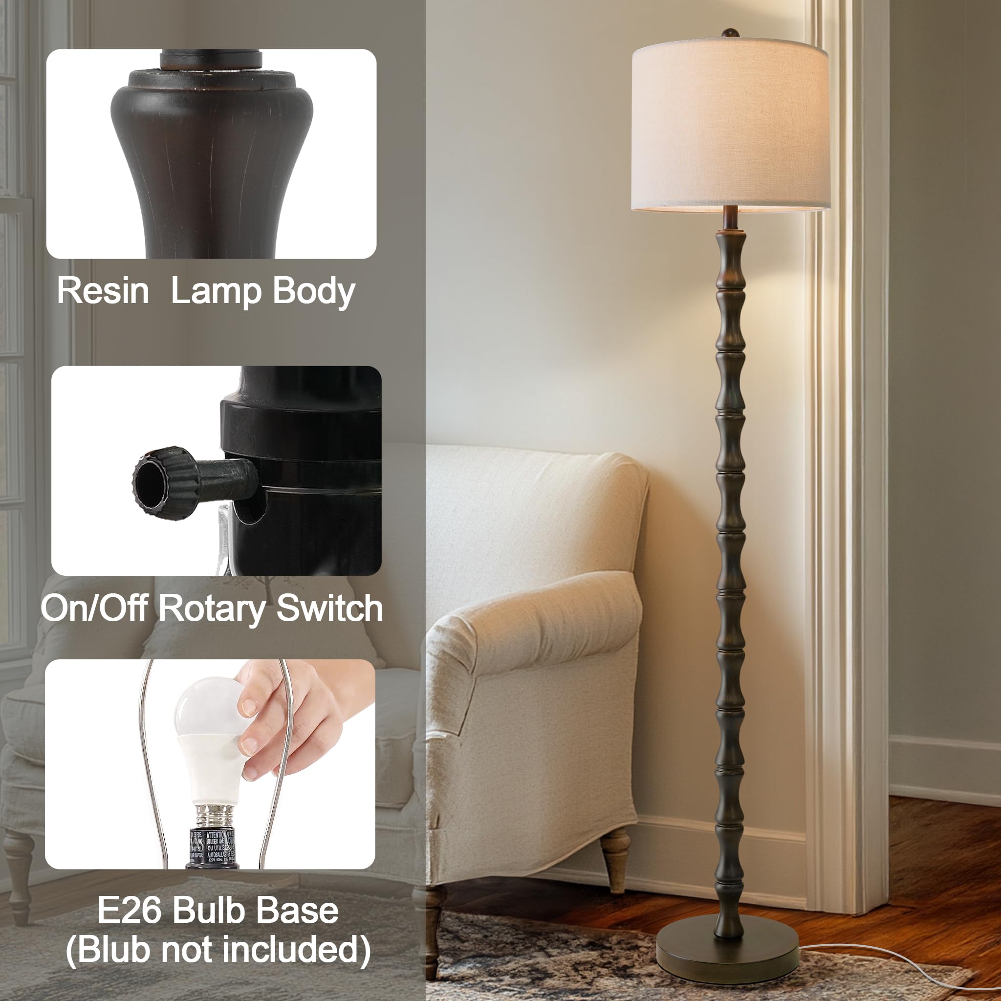 Condition photo showing New/Like New for bobomomo 62" rustic floor lamp, retro farmhouse standing lamp with rotary switch, resin dark brown floor lamp for living room, bedroom, corner, nursery, dining room, house