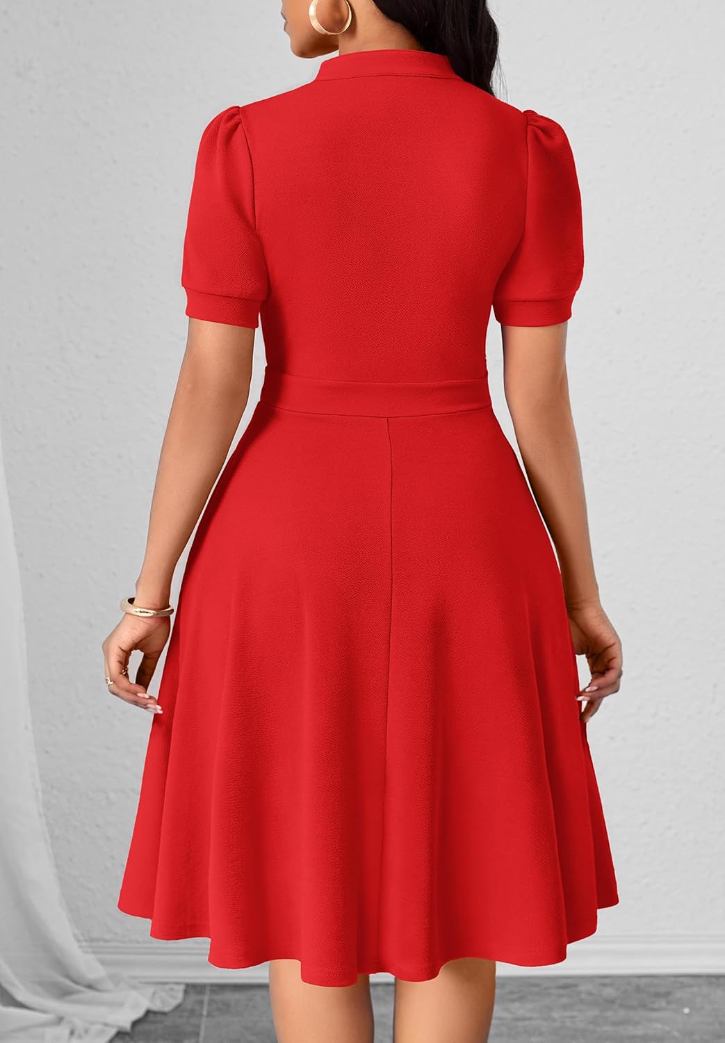 Womens Casual Summer Dresses Short Puff Sleeve V Neck A Line Wedding Guest Midi Dresses with Pockets - Image 4