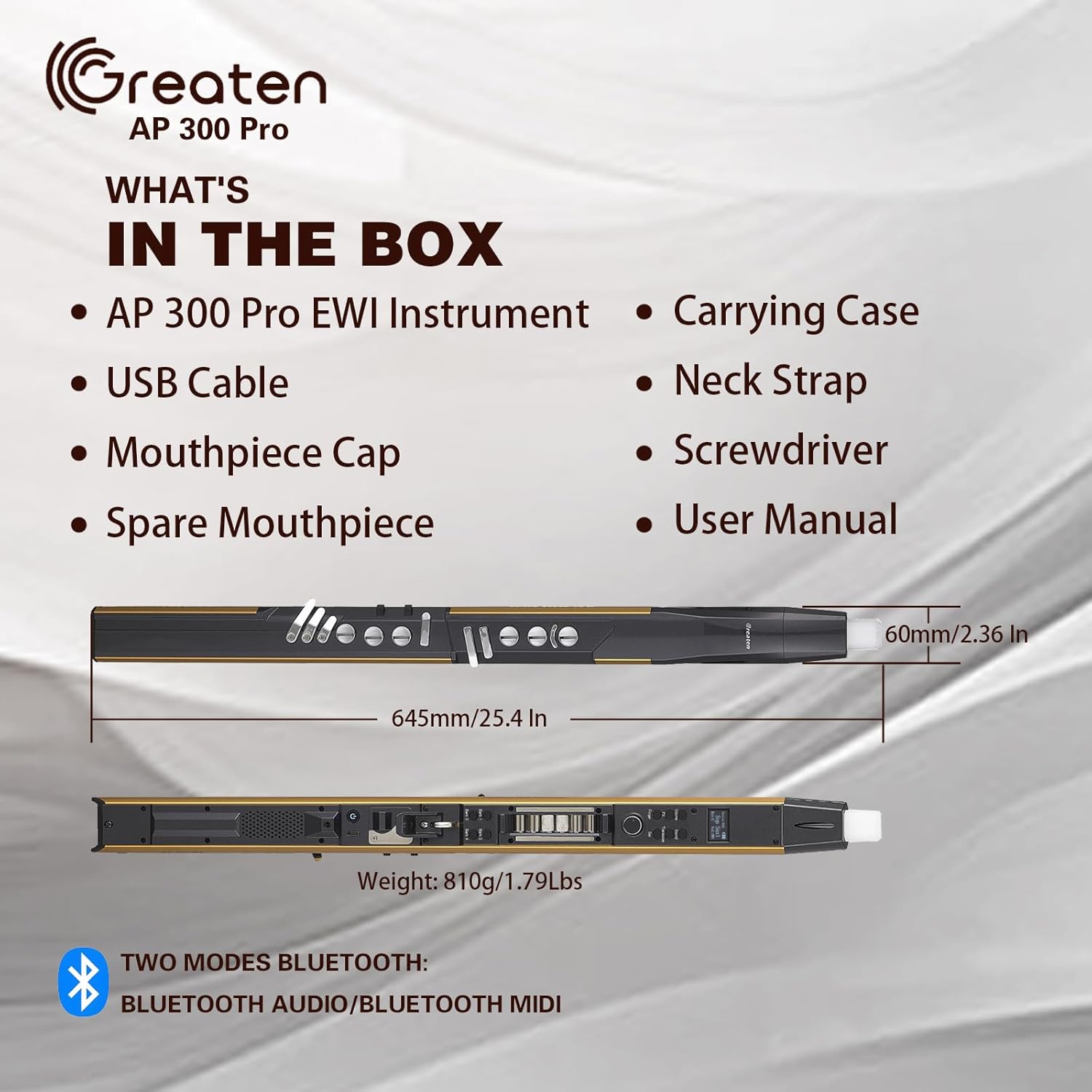 Contents of the AP 300 Pro box, including the instrument, USB cable, mouthpiece, carrying case, neck strap, screwdriver, and user manual.