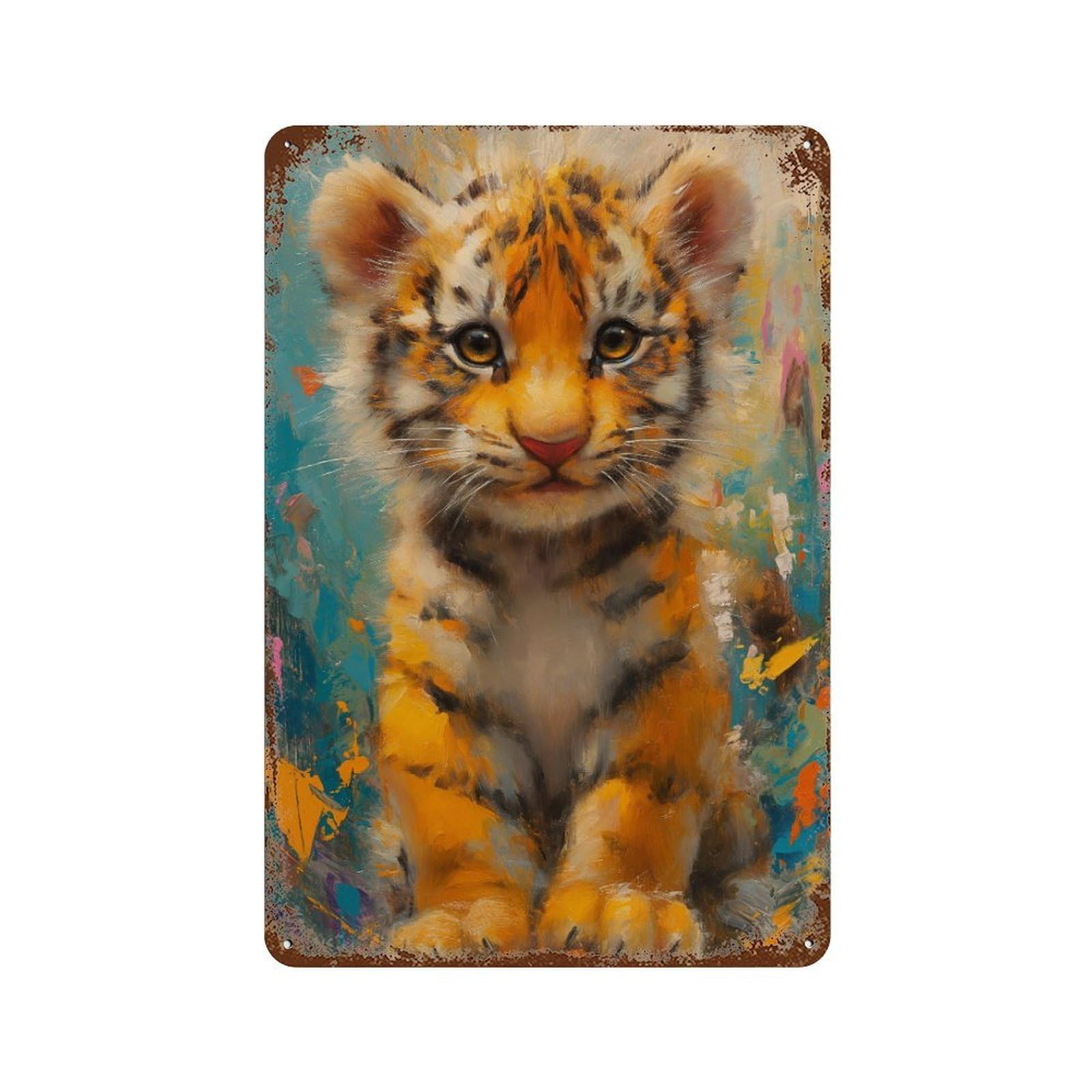 Baby Tiger Cub Painting Decorative Tin Sign 11.8"x7.9", Shabby Chic Decor for Garage, Pub Or Kitchen