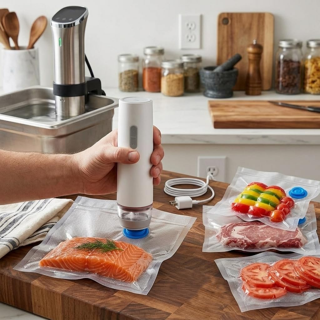 Food Vacuum Sealer Machine with 30 Reusable Vacuum Bags & 3 Sealing Clips for Food Storage, Freezing and Refrigeration Preservation